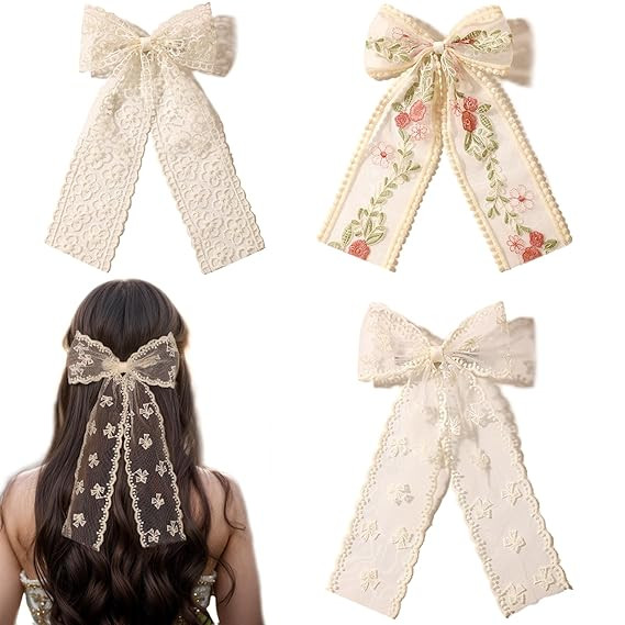 LFOUVRE Beige Lace Hair Bows with Embroidered Flowers - Bowknots, Barrettes, and Hair Clips with ... | Amazon (US)