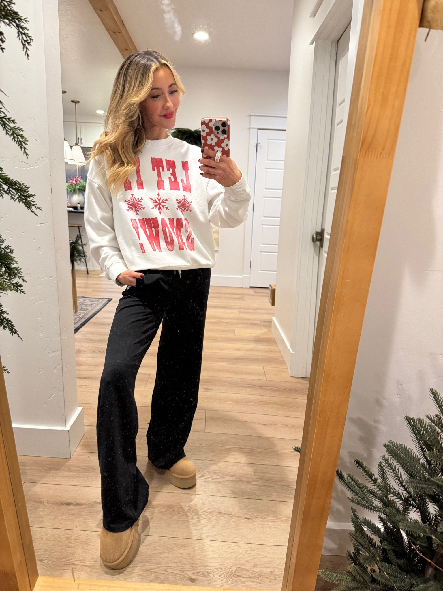 Vuori wide leg Halo pants (you guys these are amaaaazing FYI) 
American Eagle sweatshirt 
Ugg platform boots 

#LTKSeasonal #LTKHoliday #LTKGiftGuide