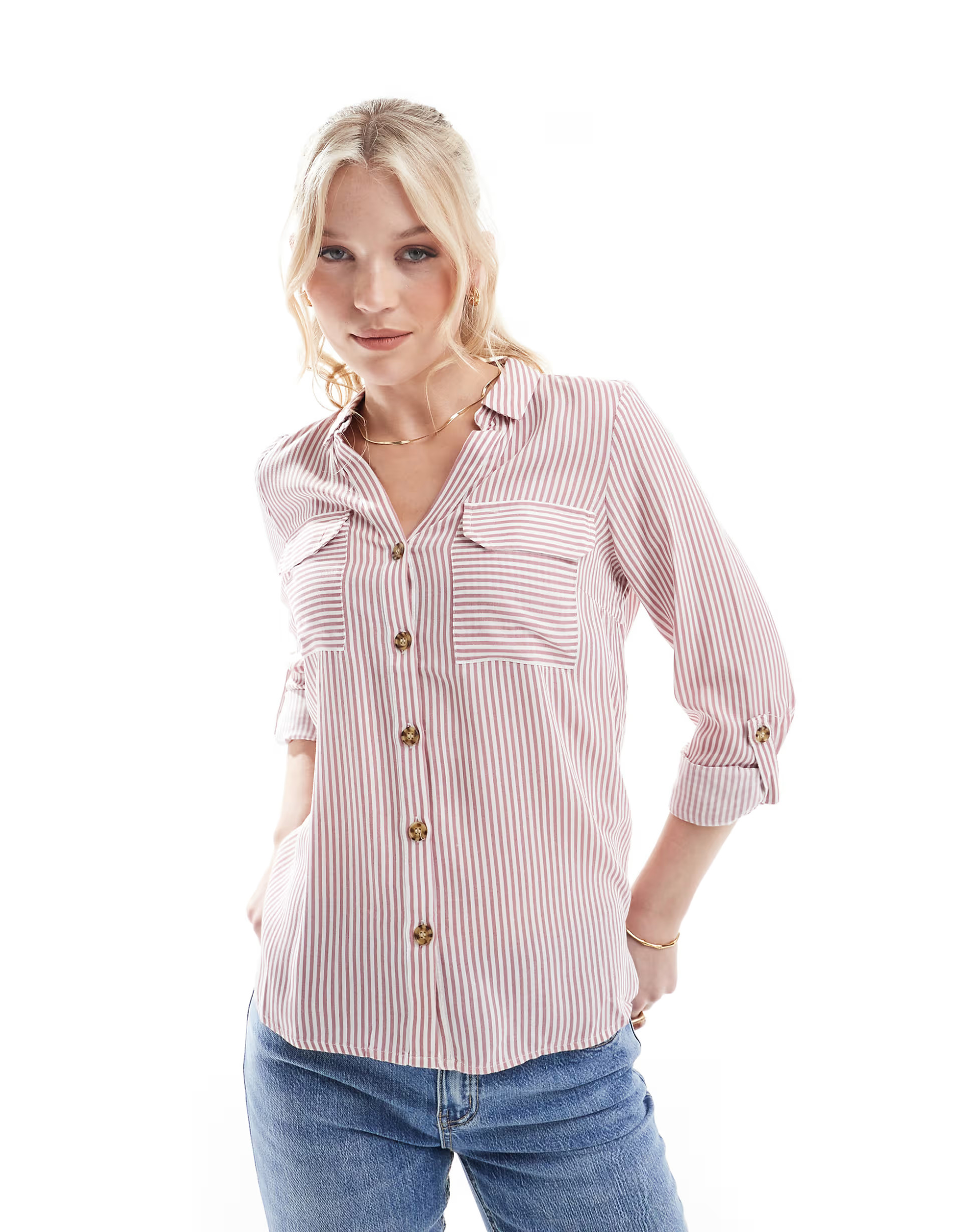 Vero Moda button down shirt with pocket detail in rose and white stripe | ASOS (Global)