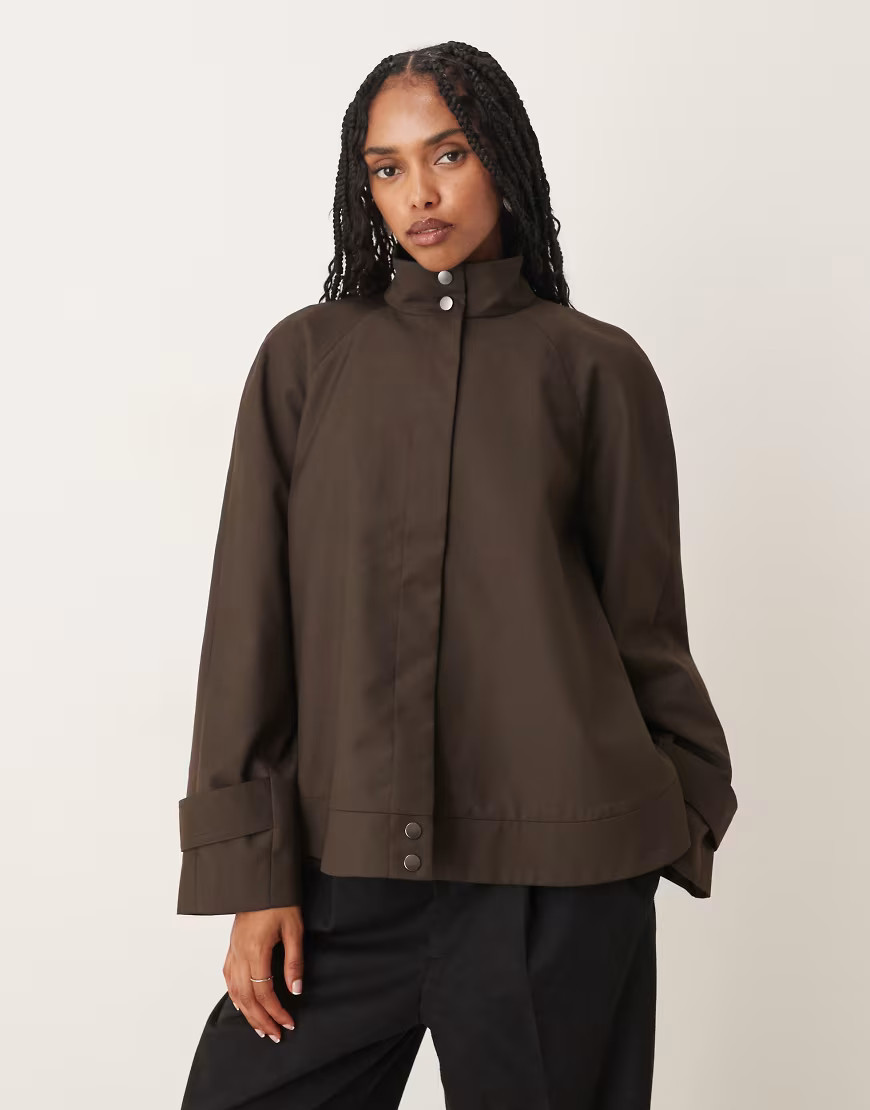 ASOS DESIGN tailored raglan sleeve high neck swing jacket in chocolate-Brown | ASOS (Global)