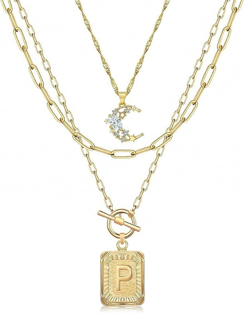 MJartoria Layered Initial Necklaces for Women Trendy, 14K Gold Plated Simple Moon Choker Square L... | Amazon (US)