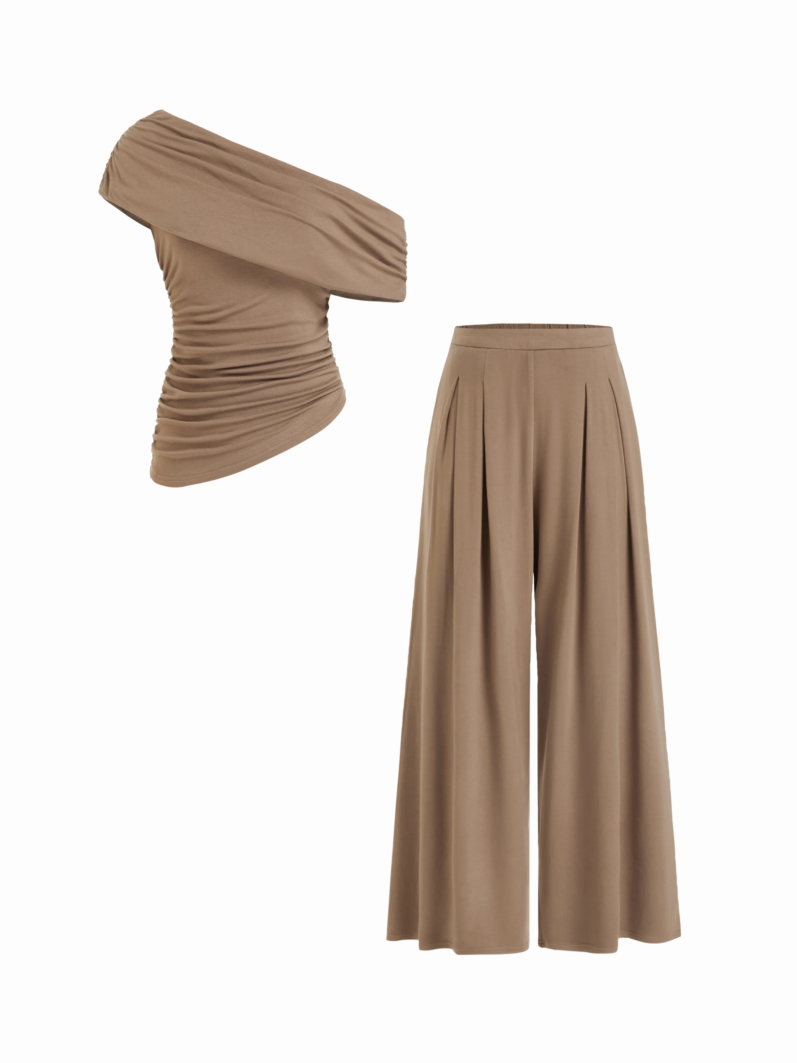 Asymmetrical Neck Ruched Top & Mid Rise Wide Leg Trousers Set | Cider