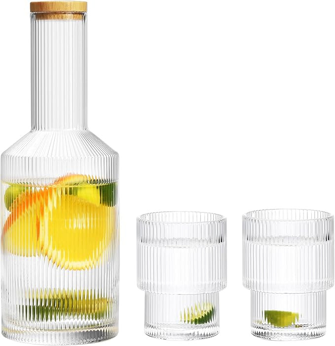NINU 27oz Bedside Carafe and Glass Set, Ribbed Water Carafe Glassware Drinking Glasses for Nights... | Amazon (US)