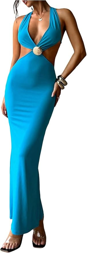 Floerns Women's Cut Out Metal Long Dress Sleeveless Halter Neck Night Out Bodycon Dresses | Amazon (US)