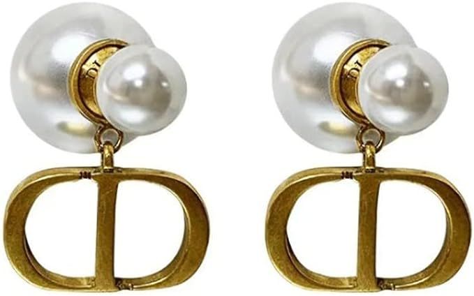 CD Size Pearl Earrings S925 Silver Needle Retro Bronze Letter Earrings Female | Amazon (US)
