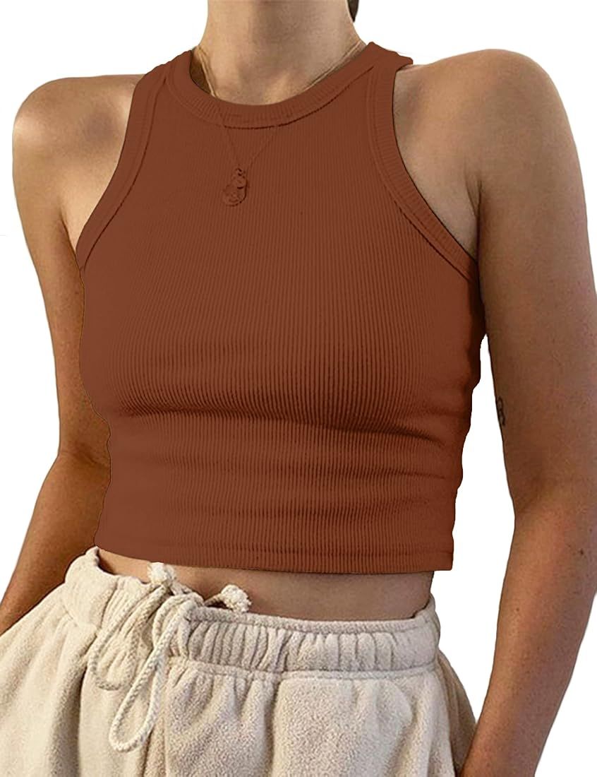KAMISSY Women Basic Crew Neck Crop Tank Top Solid Rib-Knit Binding Crop Top | Amazon (US)