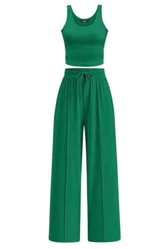 CFLONGE Summer Two Piece Sets for Women Casual Lounge Sets Tank Tops Wide Leg Pants Matching Set Travel Outfits Tracksuits(Green,Large) | Amazon (US)