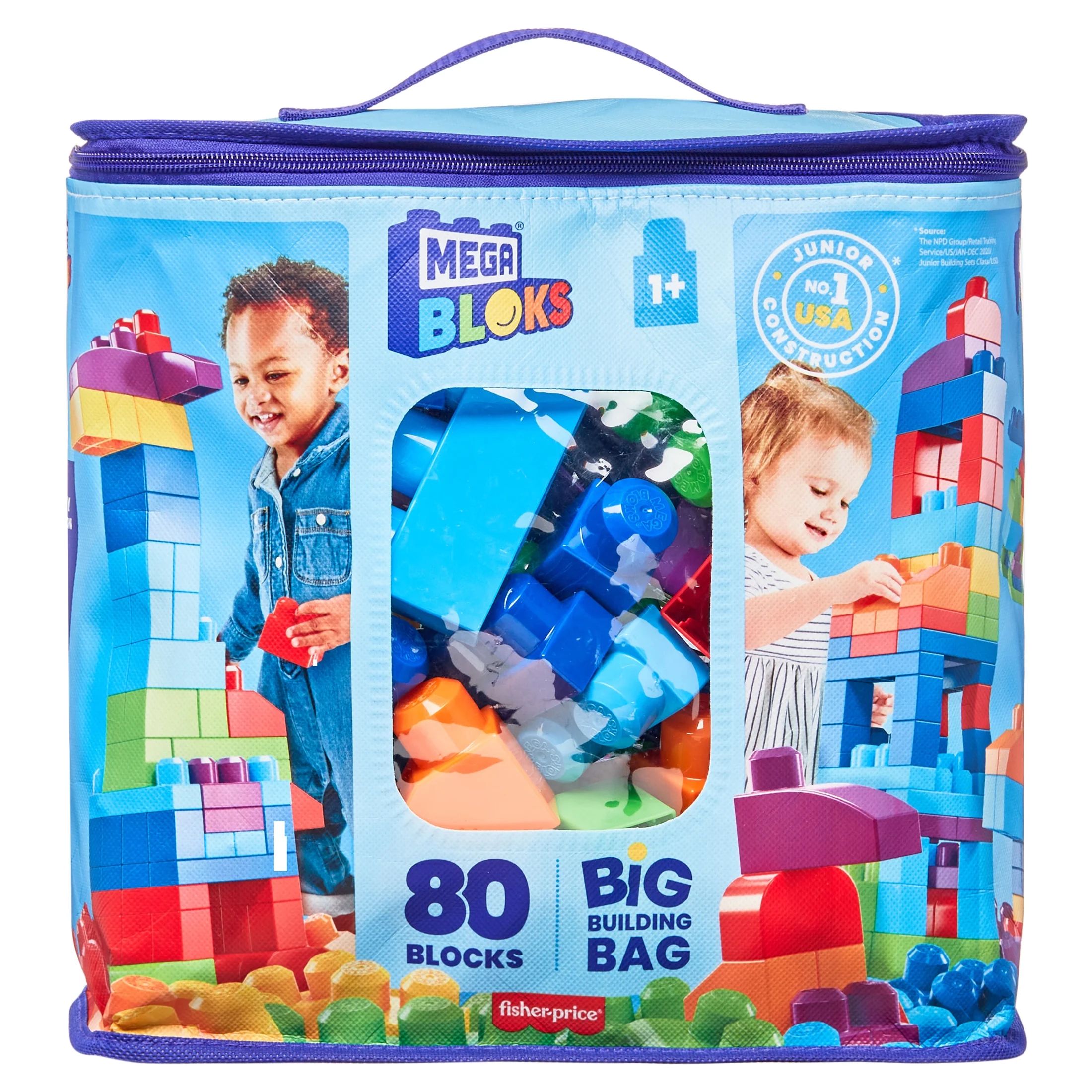 MEGA BLOKS Fisher-Price Toy Blocks Blue Big Building Bag With Storage (80 Pieces) For Toddler | Walmart (US)