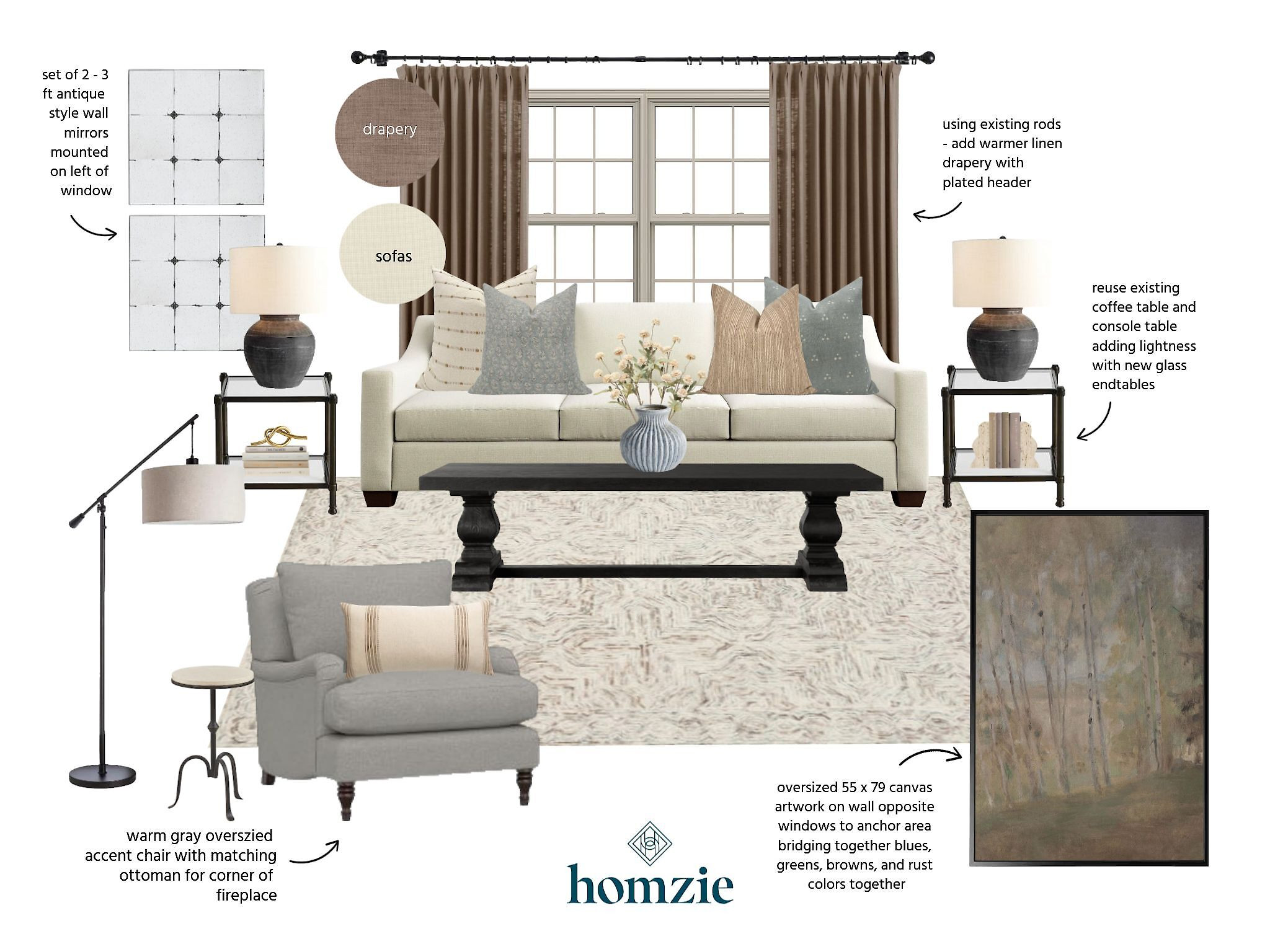 This is a cozy, traditional living room with a warm neutral palette and timeless textures.  
It features:  Linen drapery, antique wall mirrors, ivory sofa, oversized art, glass end tables, accent chair with ottoman. 

 #LTKHome #LTKSaleAlert #LTKStyleTip