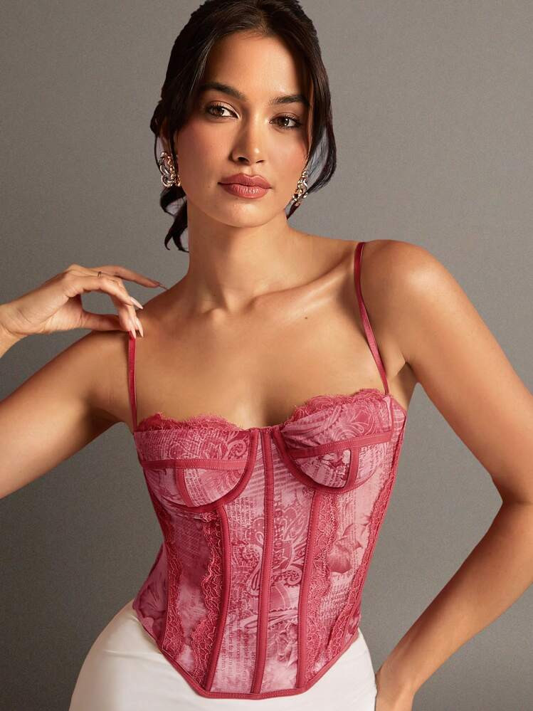 Silquee Red Graphic Print Lace Women's Corset | SHEIN