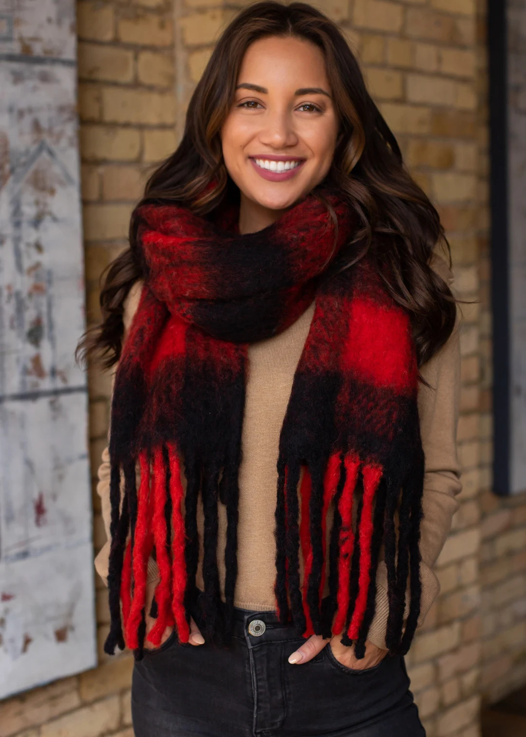 Red Plaid Long Scarf with Fringe | Cozy Plaid Scarf | Christmas Scarf | Scarf with Fringe Detail ... | Etsy (US)