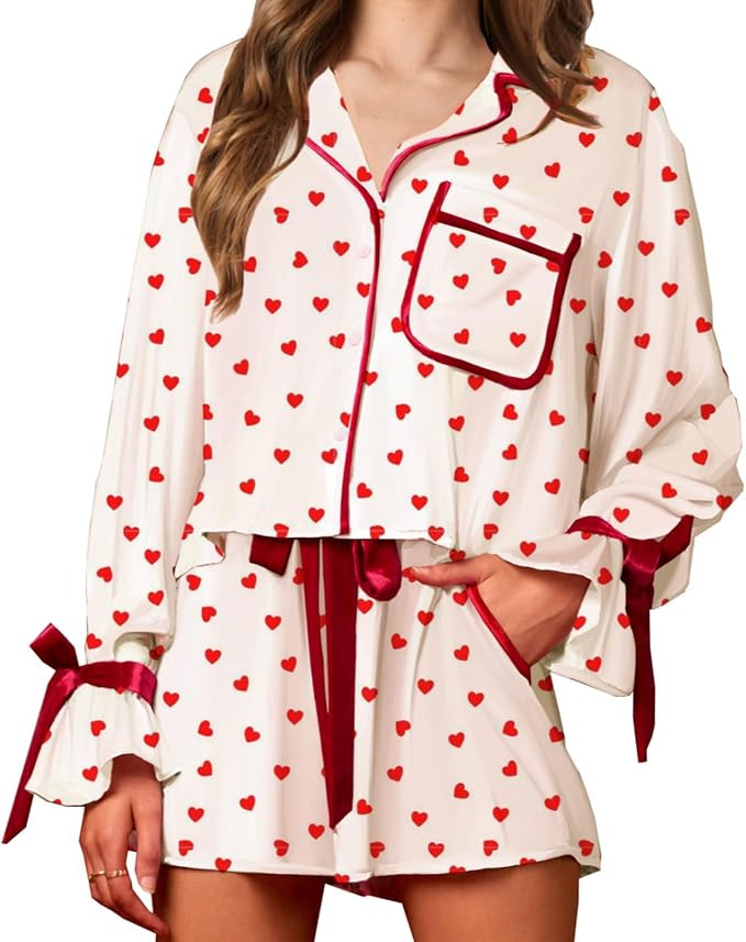 Satin Silk Pajamas for Women Set Long Sleeve Shorts Bow Heart Print Lounge Pjs Cute Button Down V... | Amazon (US)