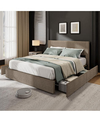 King Size Corduroy Upholstered Platform Bed Frame with Tufted Wingback Headboard | Macy's