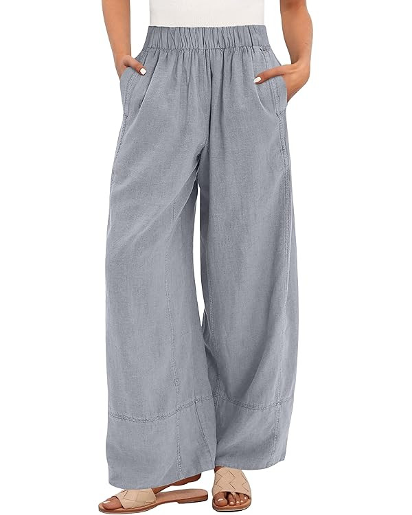ANRABESS Women's Wide Leg Linen Pants Summer Boho Casual Elastic Waist Long Lounge Travel Pants T... | Amazon (US)