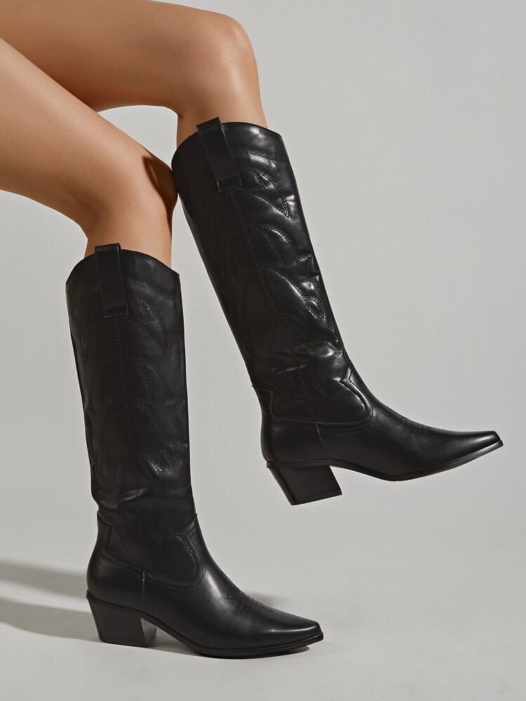Embroidery Detail Chunky Heeled Western Boots | SHEIN