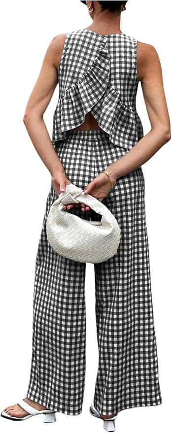 SOLY HUX Women's 2 Piece Outfits Plaid Gingham Open Back Ruffle Tops and Pants Summer Vacation Go... | Amazon (US)