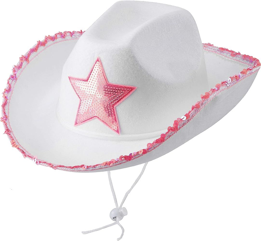 Bedwina White Cowgirl Hats - (Pack of 2) Pink Star Cow Girl Hat with Sequin Trim Fringe, Adjustab... | Amazon (US)