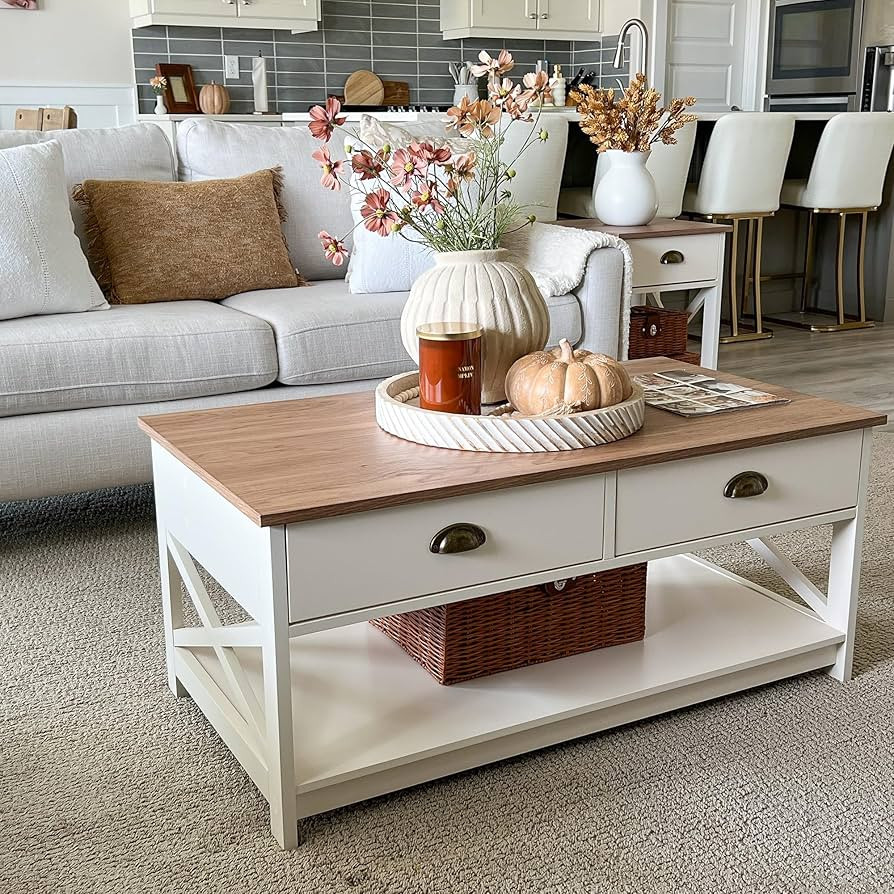 PHI VILLA Coffee Table for Living Room - Farmhouse Modern Coffee Tables with Storage, Ivory White... | Amazon (US)