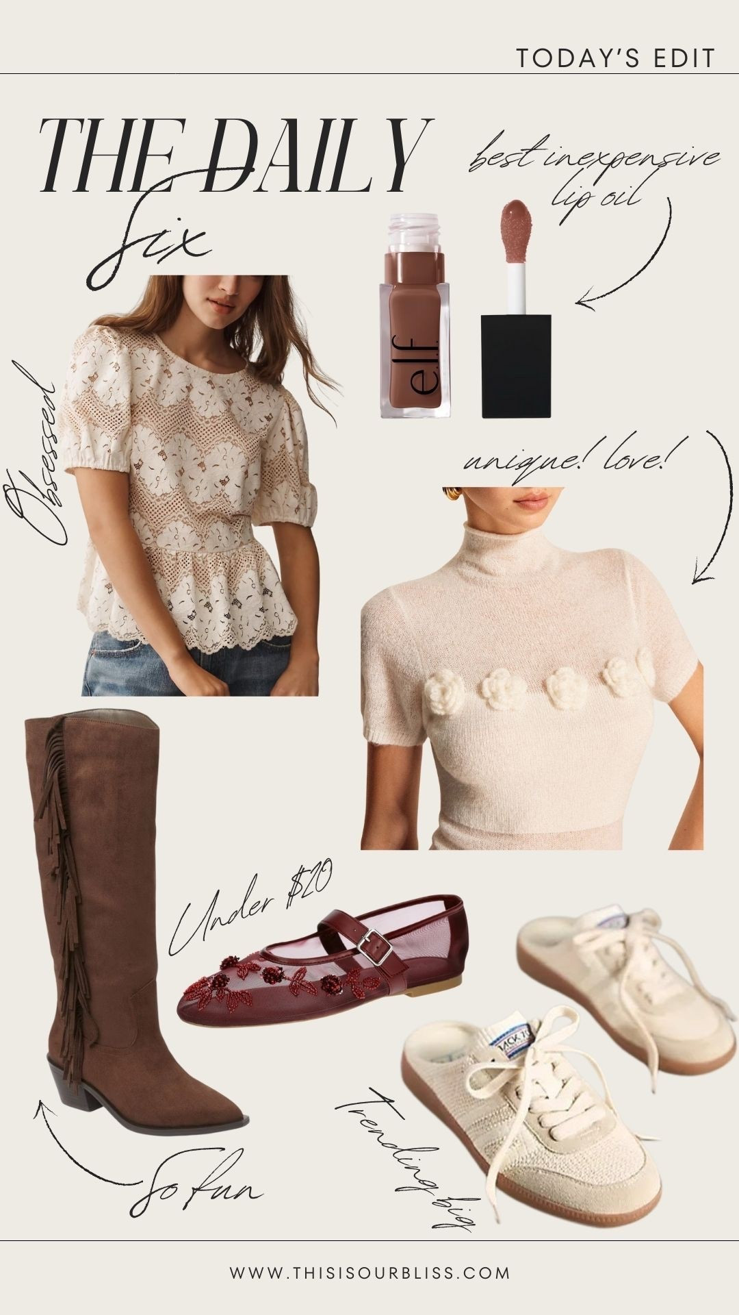 The daily 6️⃣! Today’s finds!

- lace detail top // so pretty!! 
- the best inexpensive lip oil under $10 // shade: HONEY TALKS
- statement top with floral appliqué
- fringe, suede western boots
- mesh, Maryjane’s w/ floral detail 
- the backless slip-on sneaker trend

Anthropologie, Walmart, Walmart, fashion, drugstore lipgloss, sneakers, fall outfit, western, country style, country concert, business casual

#LTKFindsUnder50 #LTKWorkwear #LTKStyleTip