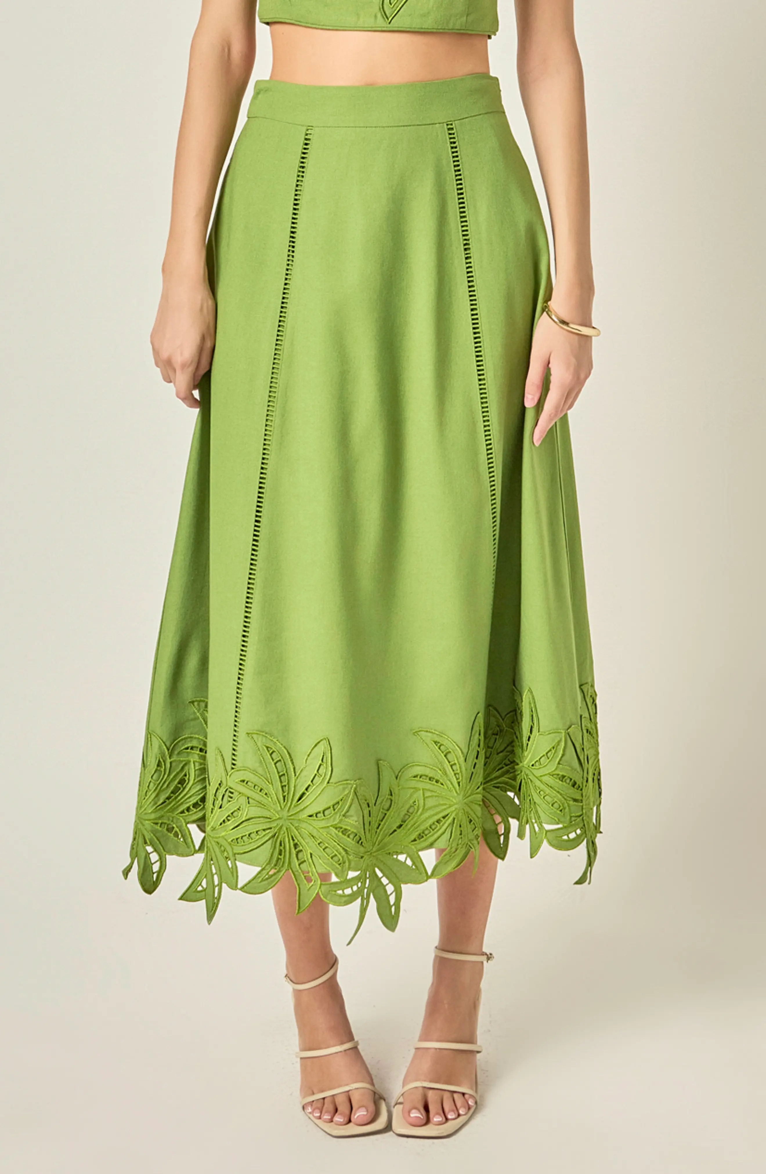 English Factory Palm Tree Embroidered Midi Skirt in Green at Nordstrom, Size X-Small | Nordstrom