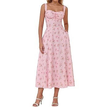 KUTUMAI Floral Corset Midi Dresses for Women 2026 Lace Up Flowy Summer Wedding Guest Dress with P... | Amazon (US)