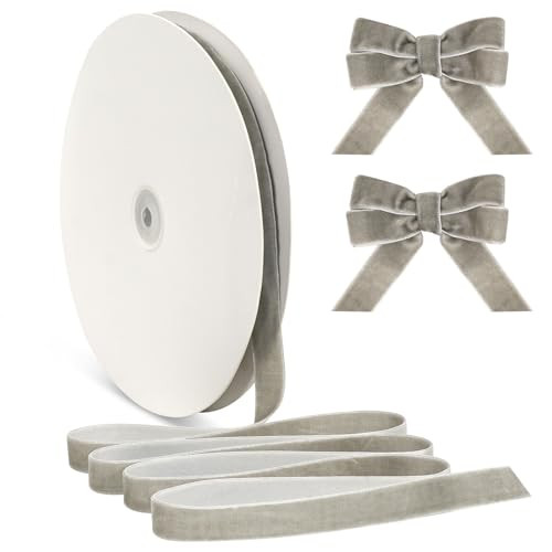 Silver Velvet Ribbon for Gift Wrapping Xmas Tree Decor, 5/8"×30 Yards Vintage Silver Velvet Christmas Ribbon Skinny Fabric Ribbon Trim for Hair Bows, Crafting, Wedding Invitations | Amazon (US)