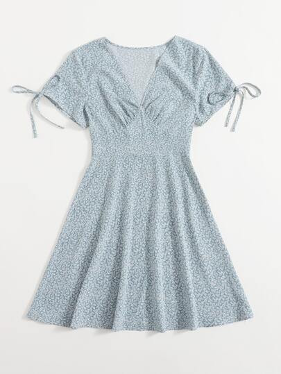 Ditsy Flower Bow Tea Dress | ROMWE