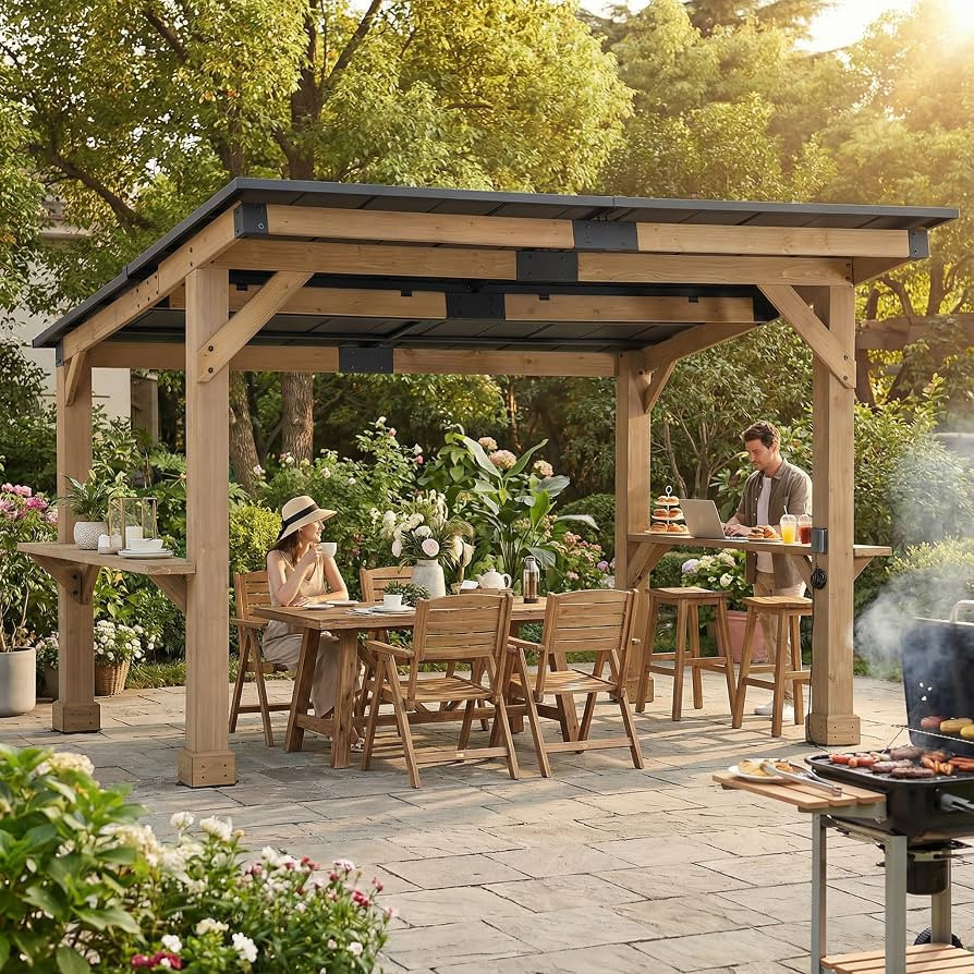 SUNJOY 12' x 10' Grill Gazebo, Outdoor Cedar Wood BBQ Pavilion Backyard Hot Tub Gazebo with Hardt... | Amazon (US)