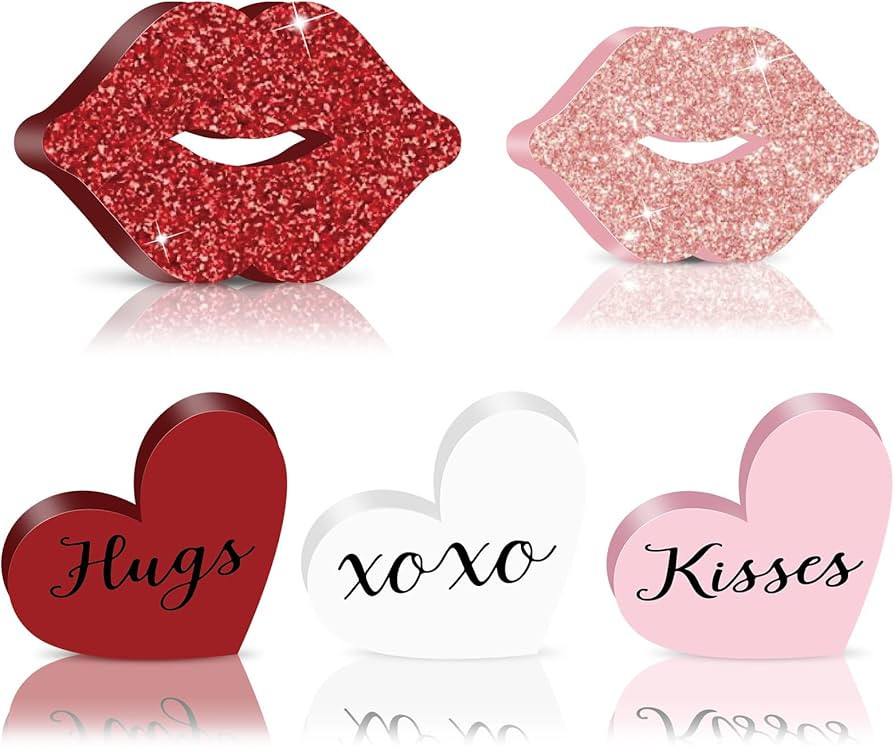 JieyueJewelry 5 Pcs Valentines Day Table Decor, Wooden Glitter Heart & Lips Decor, Love Heart Tie... | Amazon (US)