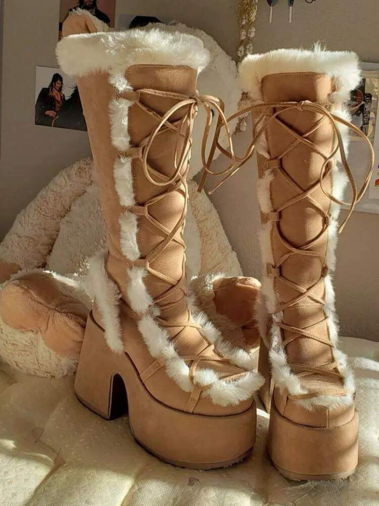 Women's Winter Furry Snow Boots Womens Mid Calf Boots Lace Up Zip Block Chunky High Heel Punk Goth Warm Fur Winter Snow Platform Knee High Boots | SHEIN