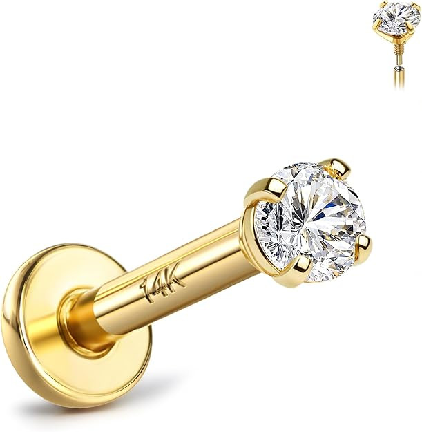 14K Solid Gold Flat Back Earring Hypoallergenic - 18G Cartilage Tragus Conch Helix Piercing Jewel... | Amazon (US)