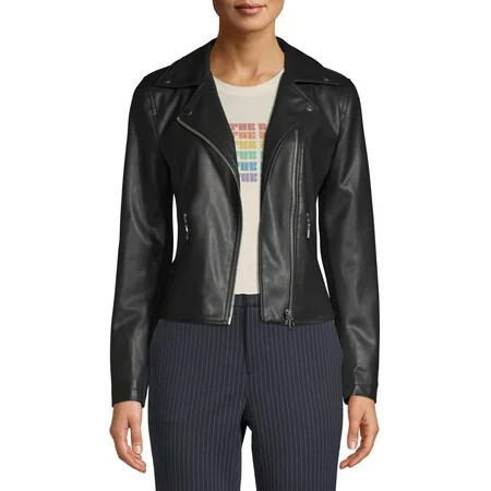 Scoop Vegan Leather Ribbed Panel Biker Jacket Women's | Walmart (US)