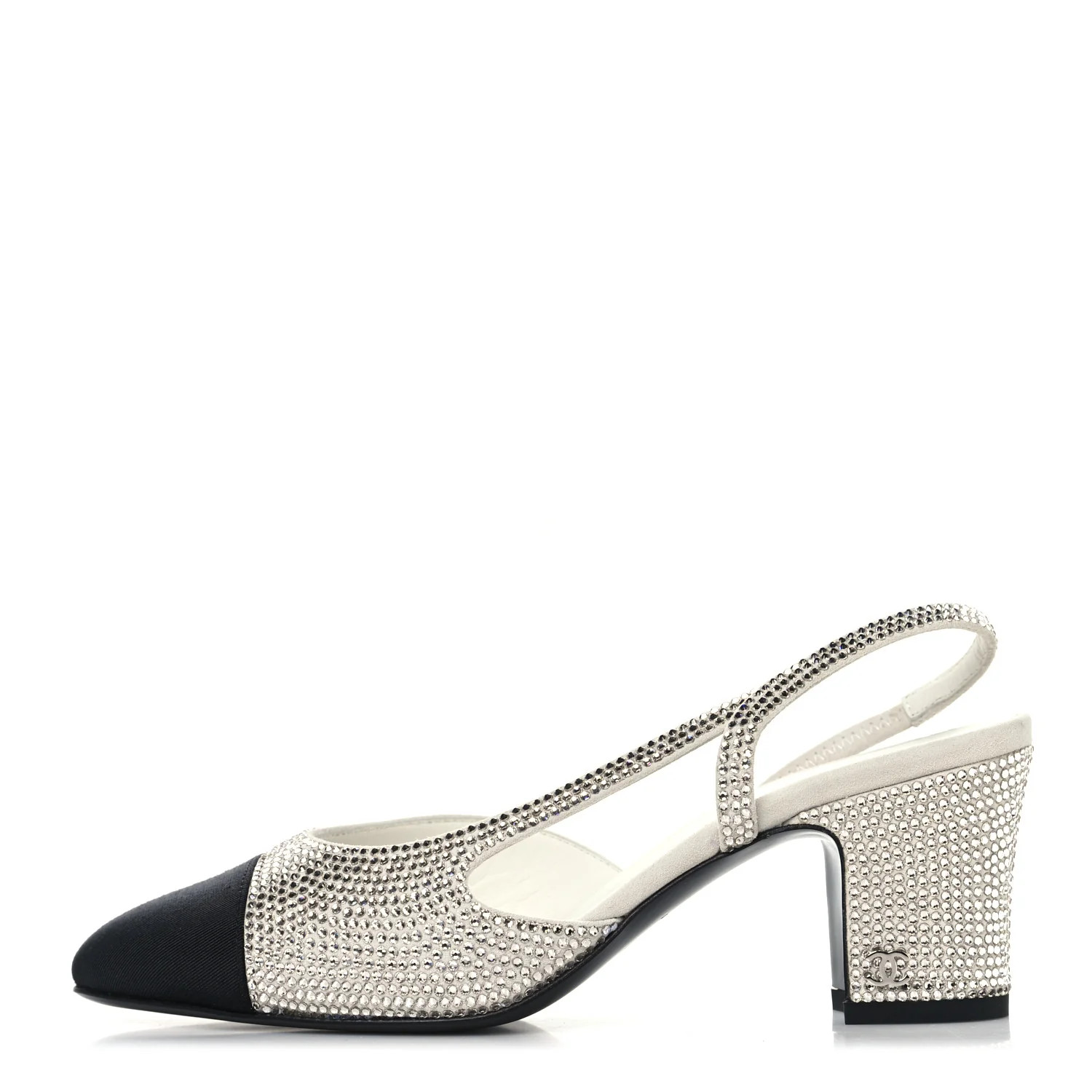 Strass Grosgrain Cap Toe CC Slingback Pumps 36 Silver Black | FASHIONPHILE (US)