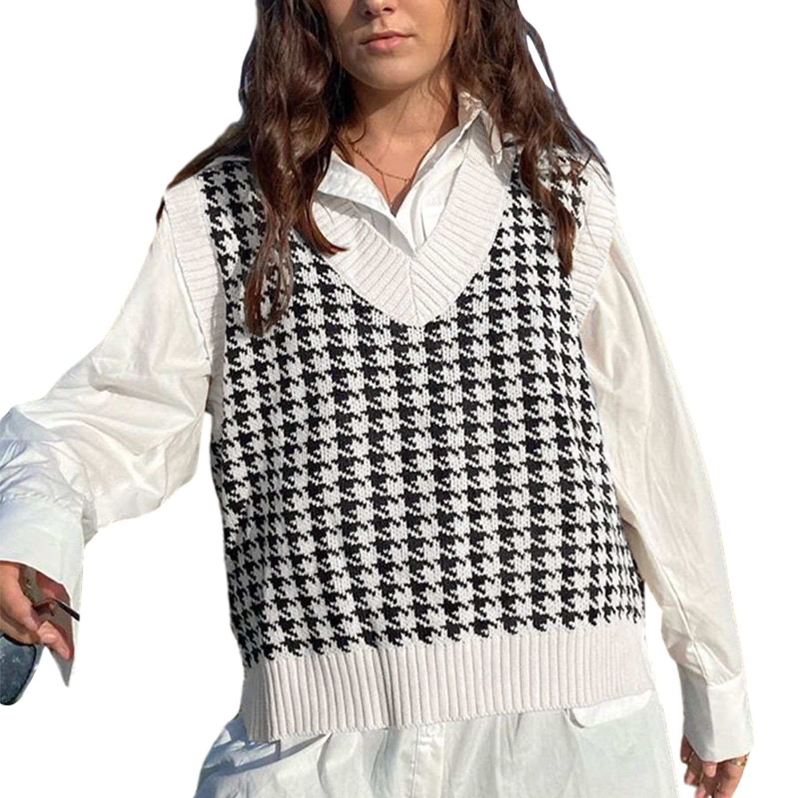 Cathery Women Sweater Vest Plaid Knitted V-neck Loose Sleeveless Bottom Pullover | Walmart (US)