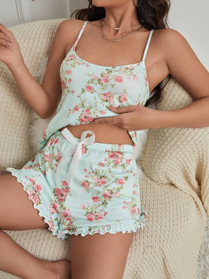Women's Floral Patterned Camisole & Shorts Pajama Set | SHEIN