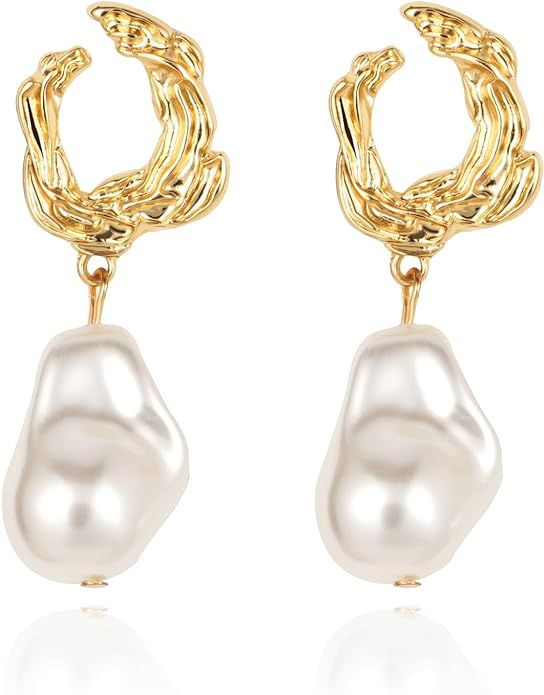 Yowivon Pearl Drop Earrings 14K Gold Plated Dangle Hypoallergenic Statement Earring Trendy Fashio... | Amazon (US)