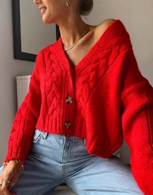 Mango cable knitted cardigan in red | ASOS (Global)