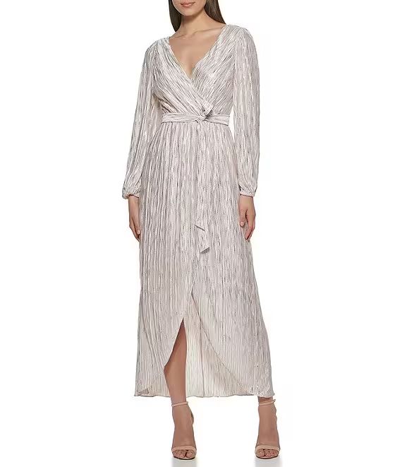 Metallic Knit Surplice V-Neck Long Sleeve Asymmetrical Hem Wrap Gown | Dillard's