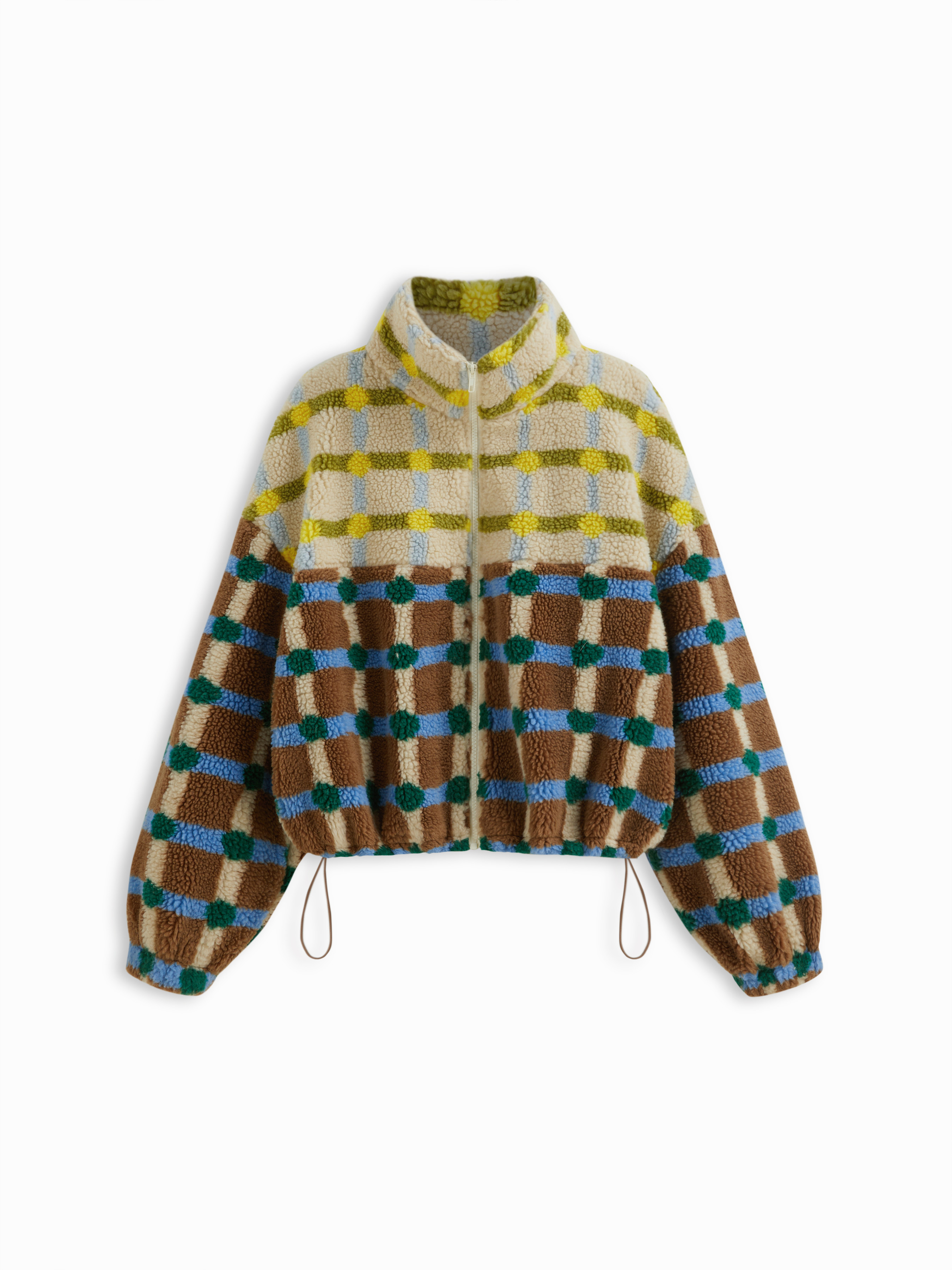 Faux Fur Fleece High Neck Two Tone Checks Drawstring Oversized Jacket For Daily Casual | Cider