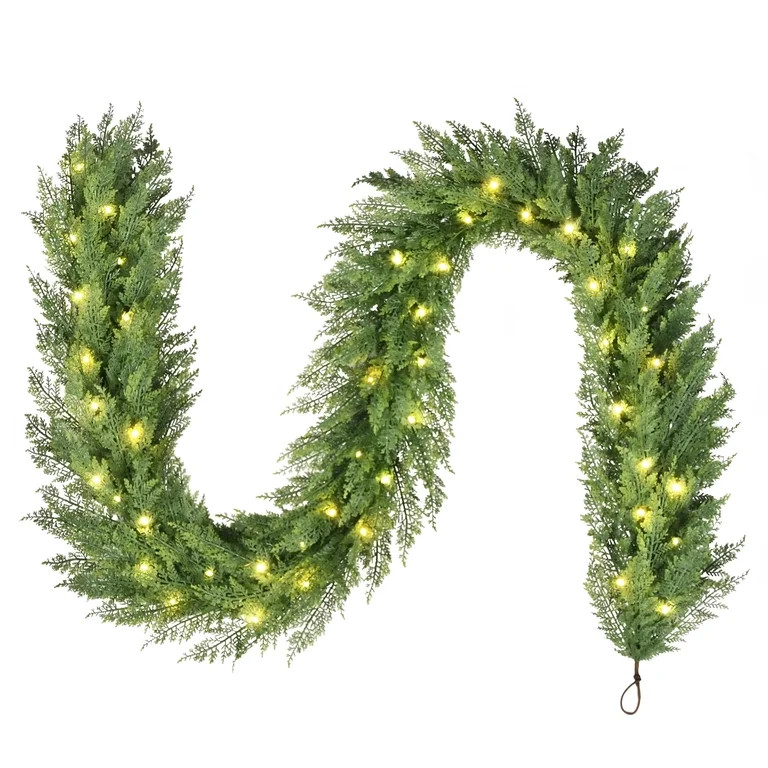 My Texas House Cypress Pre-Lit Warm White LED Artificial Christmas Garland, Green, 9' | Walmart (US)