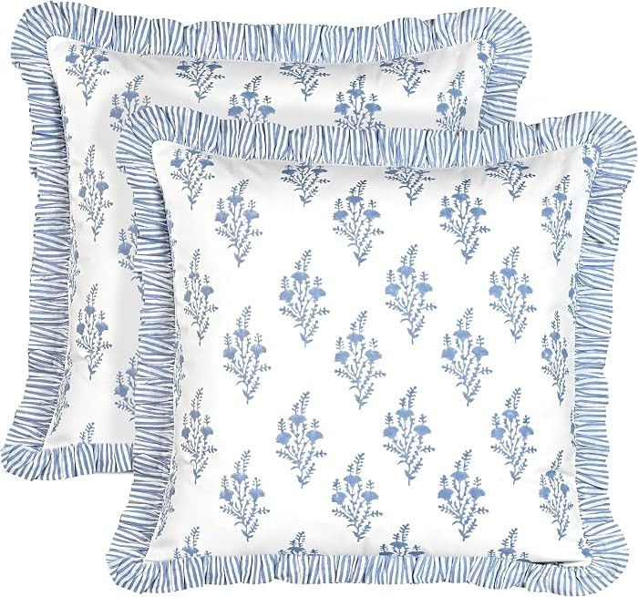 Coastal Blue Block Print Ruffle Throw Pillow Cover 18" x 18" (Pack of 2) Decorative Cushion Cover... | Amazon (US)