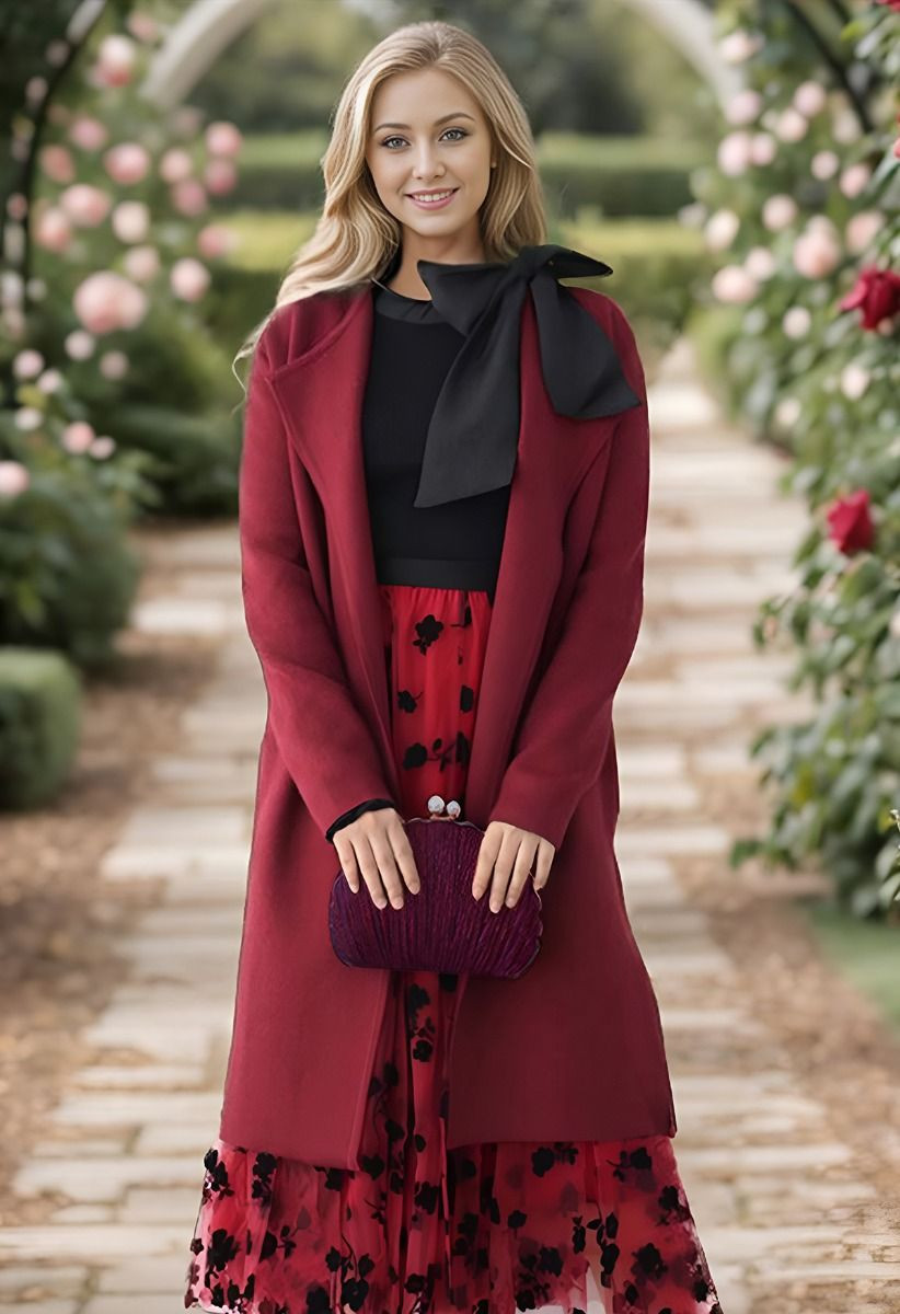 Classy Open Front Knit Coat in Burgundy for Office & City Outings | Chicwish