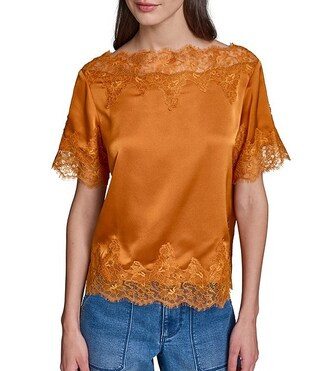 Printed Satin Lace Trim Point Collar Short Sleeve Shirt | Dillard's