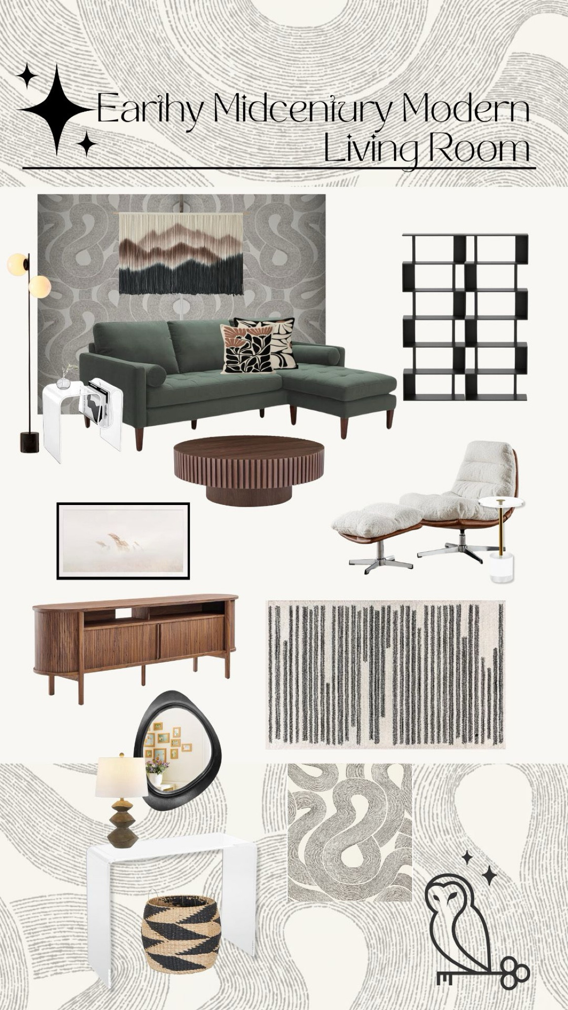 ✨Earthy Mid-Century Modern Living Room

🤍Black & White with a touch of Olive Green for a touch of nature 

🫒Curves in all the right places to give it a twist and pops of lucite for that classic mid-century modern look ✨

🏡 pro tip- a vibey wallpaper accent wall will take your space to the next level 

#LTKHome #LTKSaleAlert #LTKStyleTip