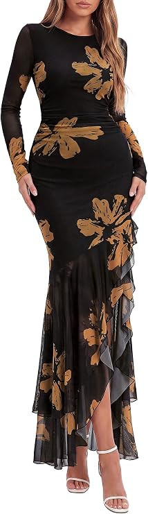 BTFBM Women's Maxi Dresses Fall 2026 Cocktail Dress | Long Sleeve,Bodycon,Floral Wedding Guest Dr... | Amazon (US)