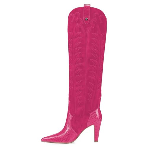 FSJ Women Pointed Toe Cowboy Boots Embroidered Chunky High Heel Knee High Boots Western Pull On Fashion Dress Shoes Size 9.5 Hot Pink | Amazon (US)