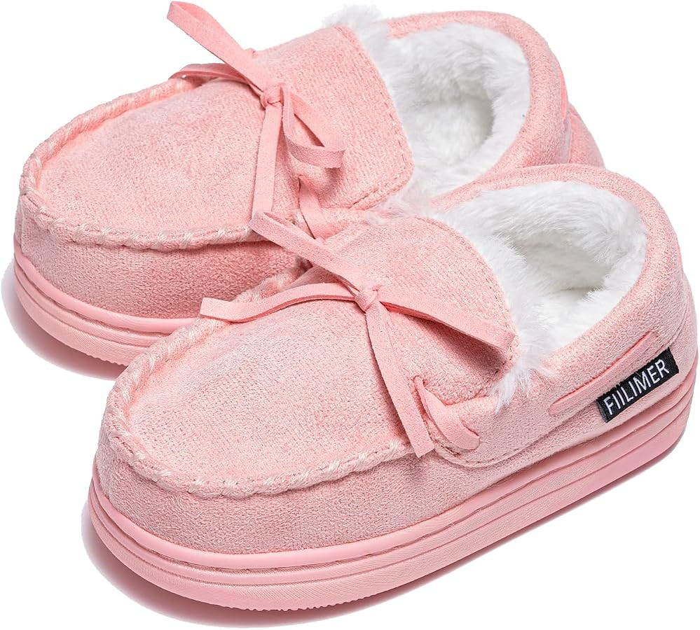 Girls Plush Glitter Bow Moccasin Slippers, Rubber Sole Indoor Outdoor House Shoes, Kids Bedroom S... | Amazon (US)