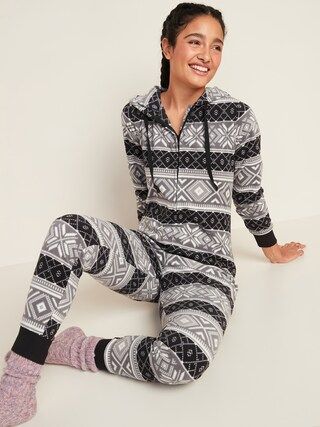 Patterned Micro Performance Fleece Hooded One-Piece Pajamas for Women | Old Navy (US)