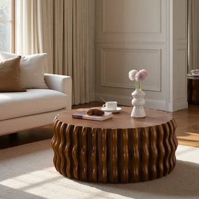Drum Fluted Modern Round Coffee Table, Mid Century Circle Center Coffee Tables With Sturdy Pedestal, For Bedroom Apartment Living Room Farmhouse. | Wayfair North America