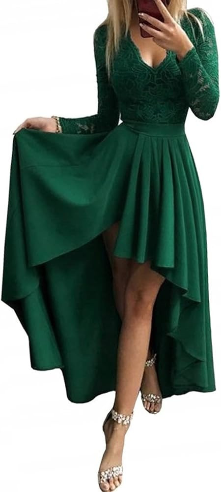 Happy Sailed Womens Floral Lace Long Sleeve V Neck Hi Low A-Line Cocktail Party Dress | Amazon (US)